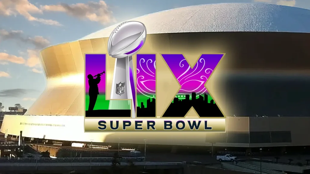 Super Bowl LIX logo shown in front of the Caesars Superdome in Louisiana.